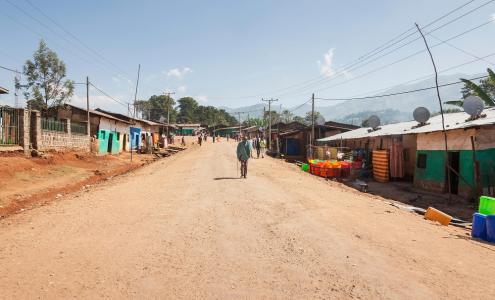 Ethiopia-People walking on dirt road by houses